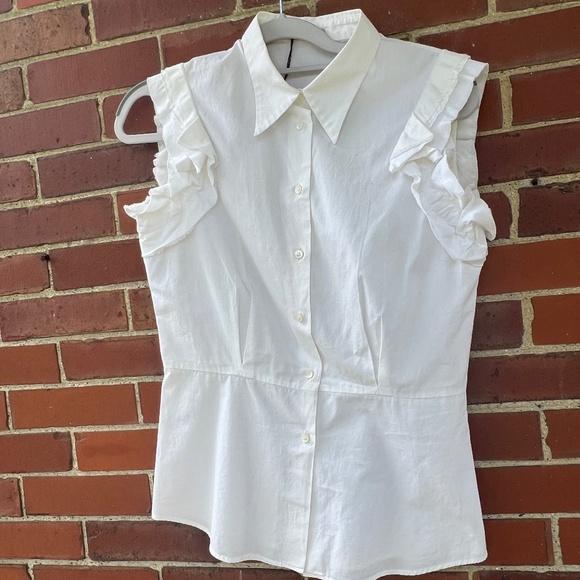 Crisp white Miu Miu sleeveless button-dow blouse, ruffled sleeves, new with tags - Picture 1 of 6